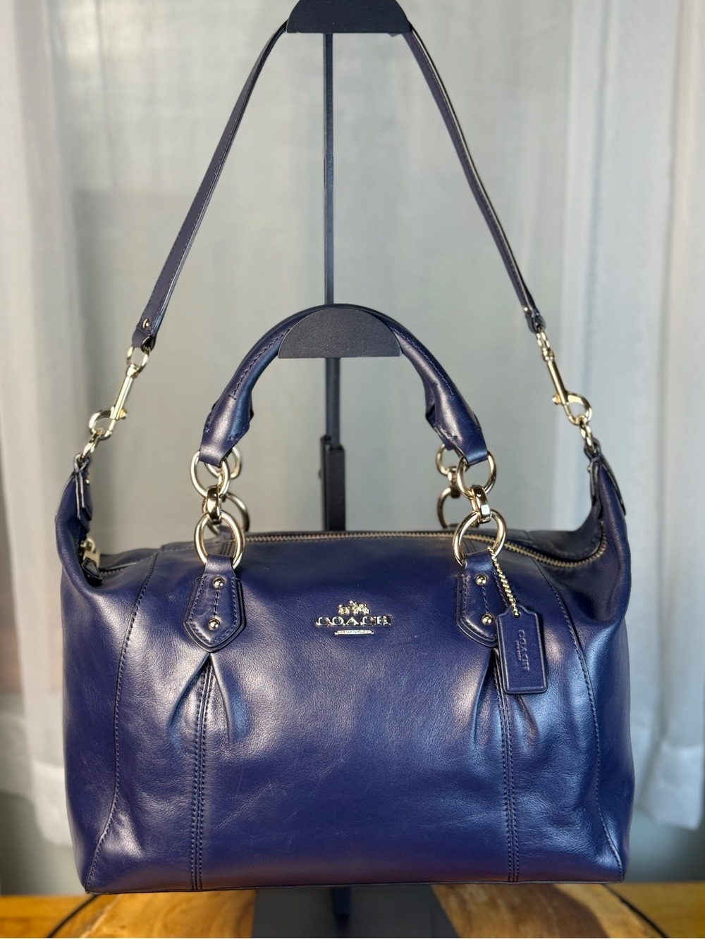 Coach Colette Navy/Midnight Blue Leather Carryall Satchel Bag + Crossbody Strap